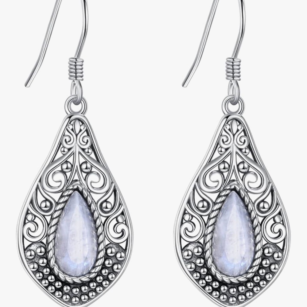 Genuine Moonstone Filigree Dangle Earrings 925 Sterling Silver